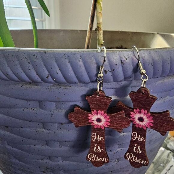 Wooden Religious Cross Earrings - Picture 1 of 2